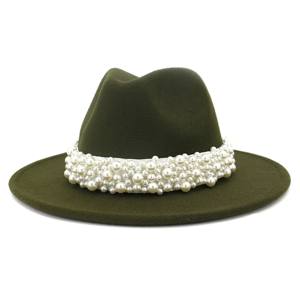 Solid Color Felt Fedora Wool Felt Hat With Pearl for Women MNDJS237