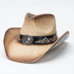 Retro Wide Brim Printed Floral Embroidered Black Straw Cowboy Hat with Horse Head Metal Buckle and Ribbon Trim - Image 2
