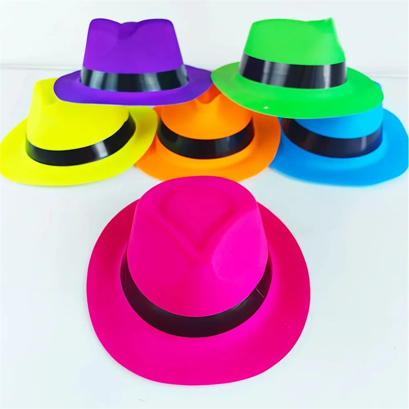 Neon Mafia Style Gangster Fedora Dress Hats for Glow Halloween Party Women Girls Costume 80's Style Dressing up Party