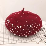 Berets-EA140 High Quality  Winter Warm Beret Cap With Pearl, Wholesale Solid Color Female Women Beaded Wool Hat - Image 13