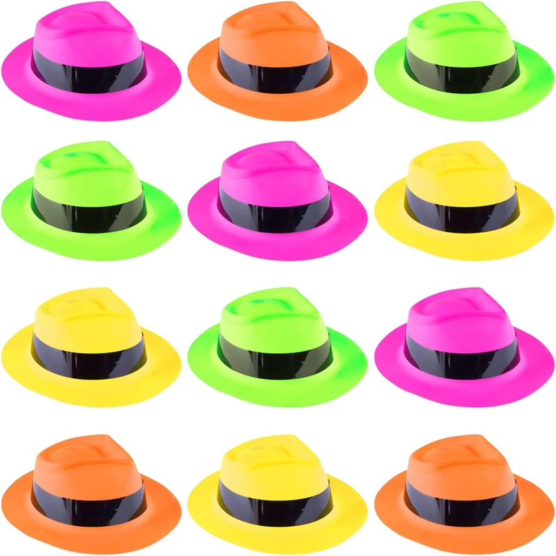Neon Mafia Style Gangster Fedora Dress Hats for Glow Halloween Party Women Girls Costume 80's Style Dressing up Party