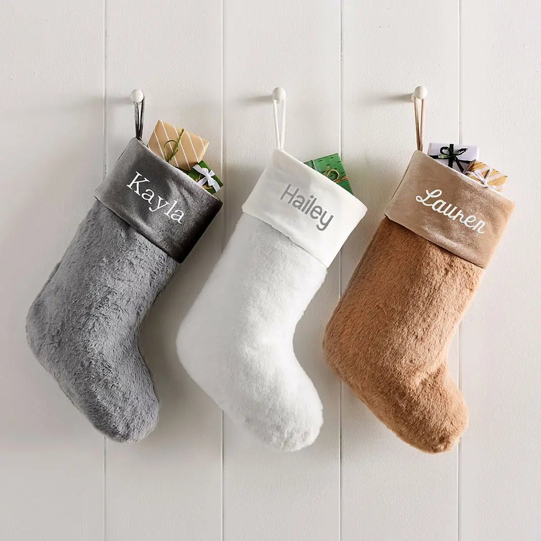 H22699073795e4ffbbce729a189f83c1fY Personalized Plaid Embroidery Holiday Stocking Party Decoration Xmas Decor Faux Fur Christmas Stockings - Image 1