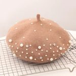 Berets-EA140 High Quality  Winter Warm Beret Cap With Pearl, Wholesale Solid Color Female Women Beaded Wool Hat - Image 4