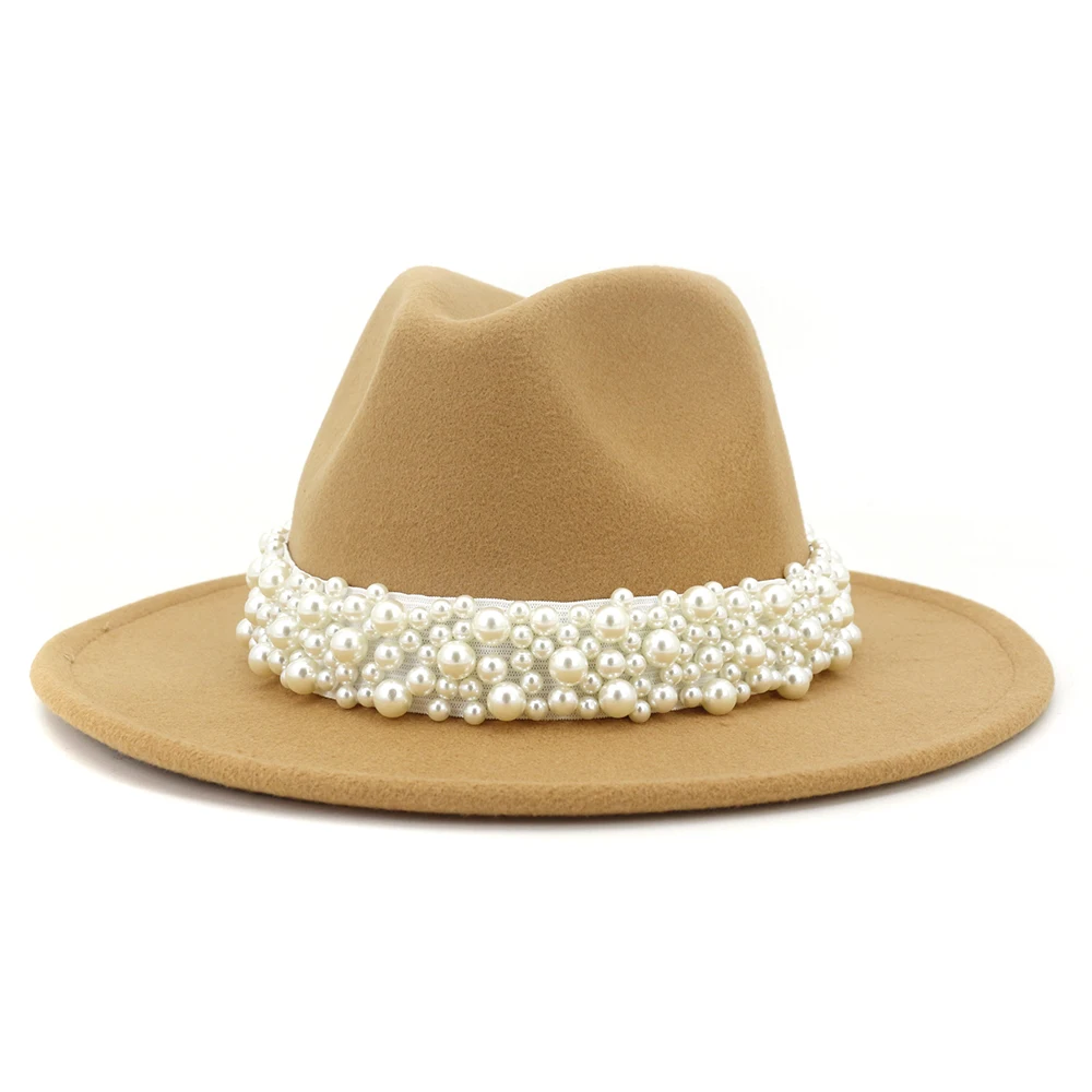 Solid Color Felt Fedora Wool Felt Hat With Pearl for Women MNDJS237
