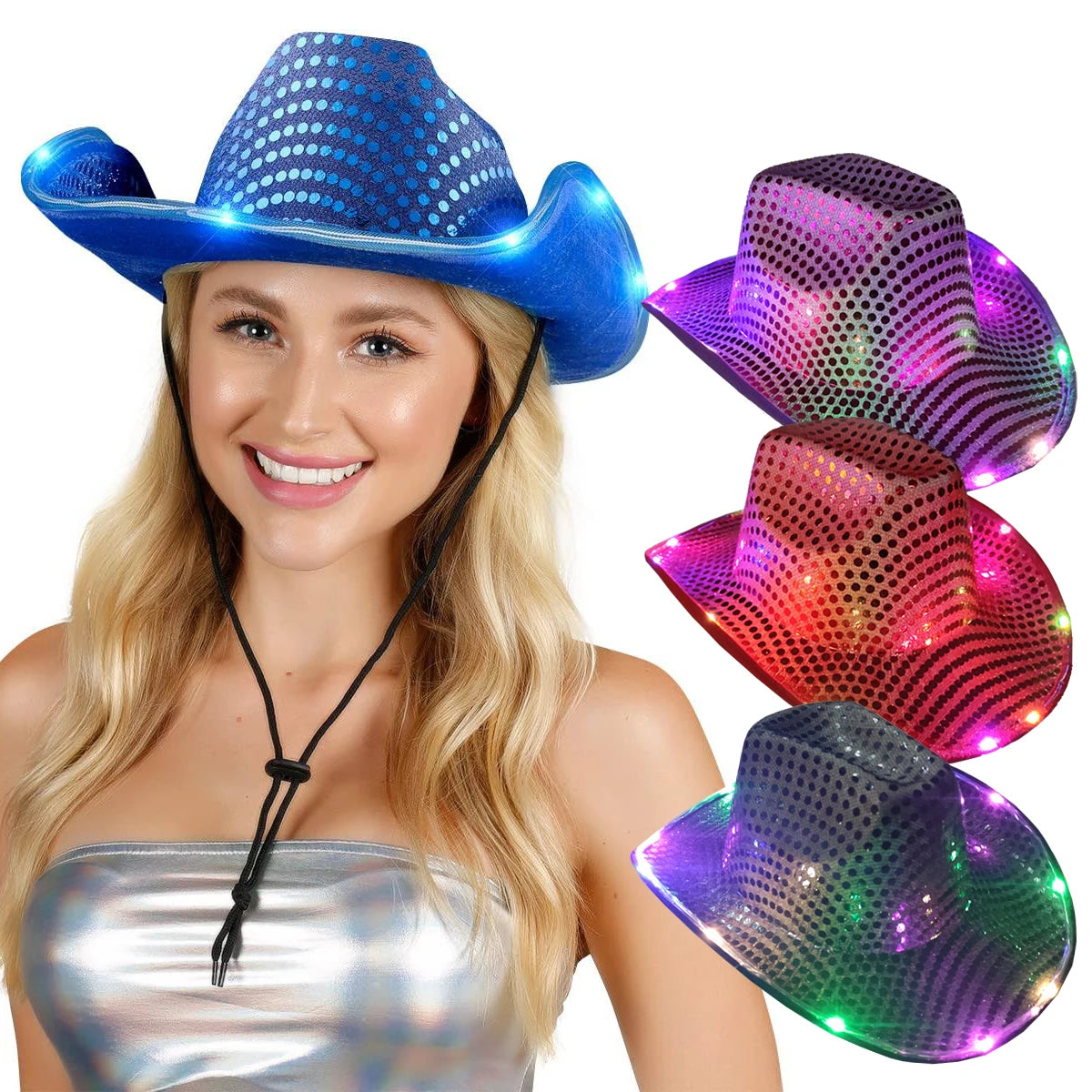 H34ceb97ba87d45a0879ba065e5becb1dA LED Light up Cowboy Hat Halloween Christmas Festival Flashing Sequin Party Hats Cosplay Costume for Carnival Mardi Gras - Image 1