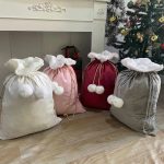 Velvet Blank Large Capacity Santa Sack Personalized Name Present Sack Velvet Grey Red White Pink with White Fluffy Pom Poms - Image 5
