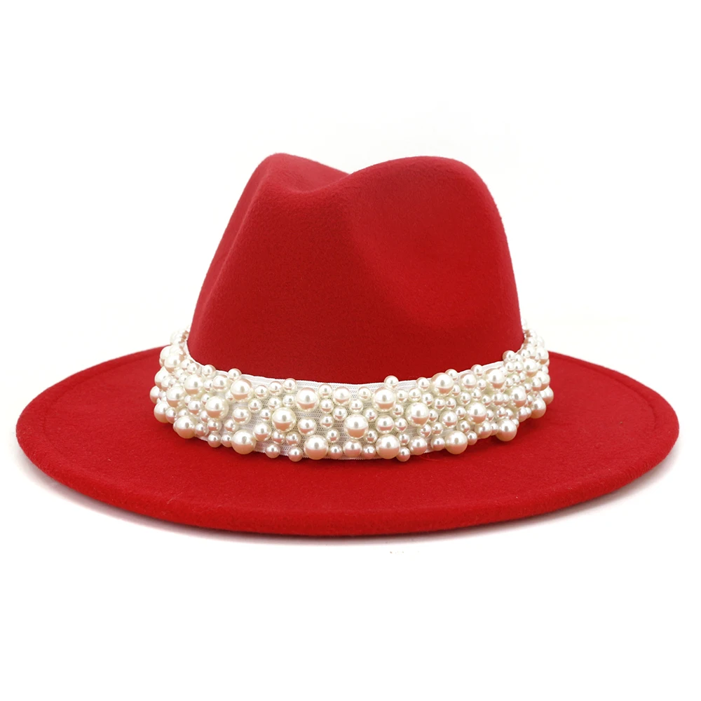 Solid Color Felt Fedora Wool Felt Hat With Pearl for Women MNDJS237