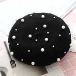 Autumn Winter Wholesale Fashion Pearl Beret Women Pearls Black Beret Cap Cashmere Beret Hat for Women - Image 4