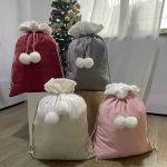 Velvet Blank Large Capacity Santa Sack Personalized Name Present Sack Velvet Grey Red White Pink with White Fluffy Pom Poms - Image 6