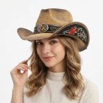 New Floral Embroidered Western Cowboy Hat, Breathable Straw Sun Hat with Concho Belt, Unisex Wide Brim Cowgirl Hat for Outdoor - Image 5