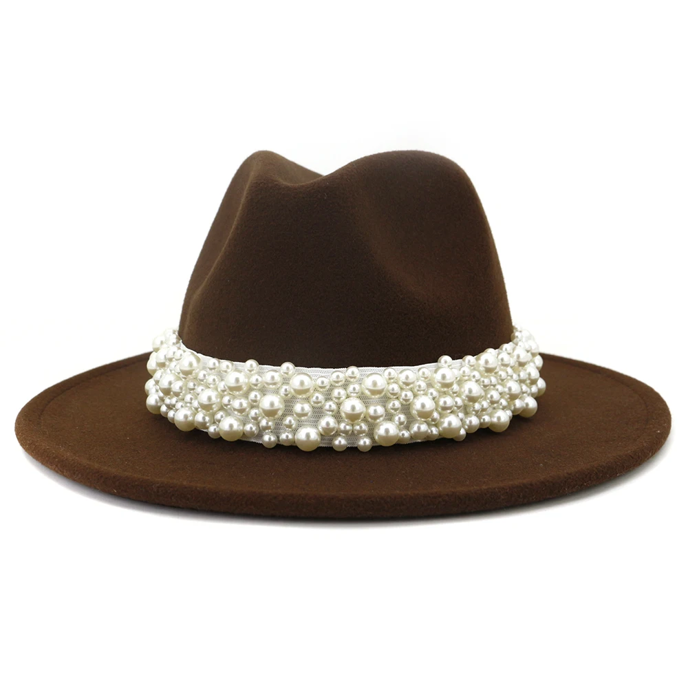 Solid Color Felt Fedora Wool Felt Hat With Pearl for Women MNDJS237
