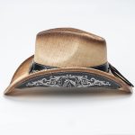 Retro Wide Brim Printed Floral Embroidered Black Straw Cowboy Hat with Horse Head Metal Buckle and Ribbon Trim - Image 4