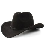 CEN-103 Size Wool Women's Men's Western Cowboy Hat for Gentleman Lady Jazz Cowgirl With Leather Cloche Black
