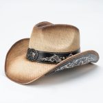Retro Wide Brim Printed Floral Embroidered Black Straw Cowboy Hat with Horse Head Metal Buckle and Ribbon Trim - Image 9