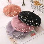 Berets-EA039 Winter Wool Beret With Rhinestone Pearls Beads Female Cap Autumn Spring Hat Solid Color Top Quality Women Boina - Image 5