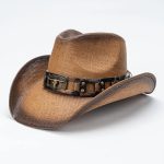 Distressed Ombre Brown Paper Cowboy Hat with Longhorn Bull Concho Rivet Vintage Western Cowgirl Design Daily Party - Image 10