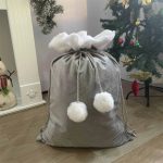 Velvet Blank Large Capacity Santa Sack Personalized Name Present Sack Velvet Grey Red White Pink with White Fluffy Pom Poms - Image 7