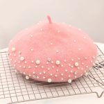 Berets-EA140 High Quality  Winter Warm Beret Cap With Pearl, Wholesale Solid Color Female Women Beaded Wool Hat - Image 3