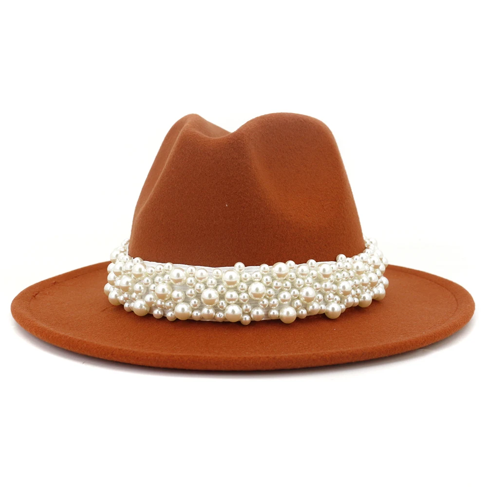 Solid Color Felt Fedora Wool Felt Hat With Pearl for Women MNDJS237