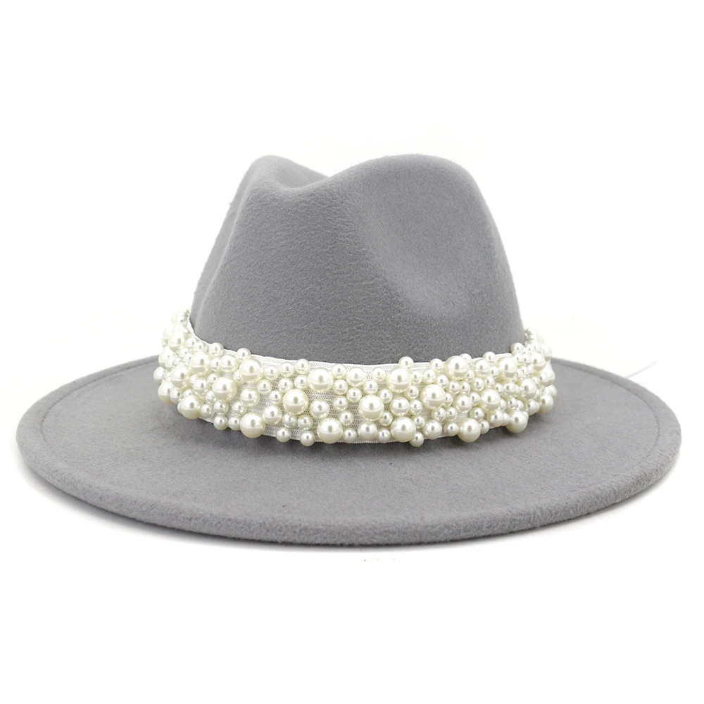 Solid Color Felt Fedora Wool Felt Hat With Pearl for Women MNDJS237