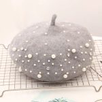 Berets-EA140 High Quality  Winter Warm Beret Cap With Pearl, Wholesale Solid Color Female Women Beaded Wool Hat - Image 12