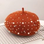 Berets-EA140 High Quality  Winter Warm Beret Cap With Pearl, Wholesale Solid Color Female Women Beaded Wool Hat - Image 5