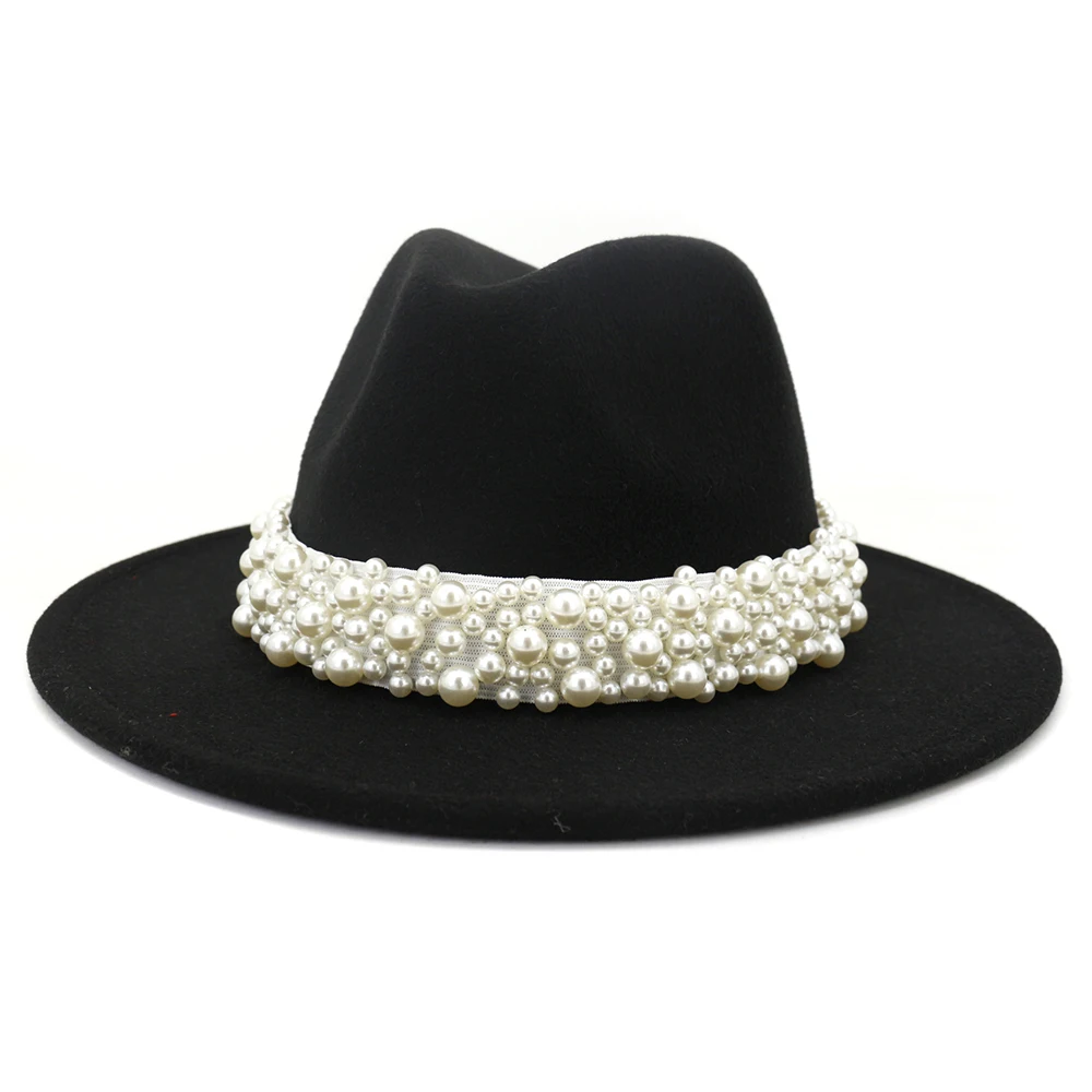 Solid Color Felt Fedora Wool Felt Hat With Pearl for Women MNDJS237