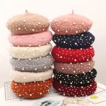 PLA-1005 Women Knitted Beaded Luxury Beret With Pearls Fashion Cashmere Warm French Hats