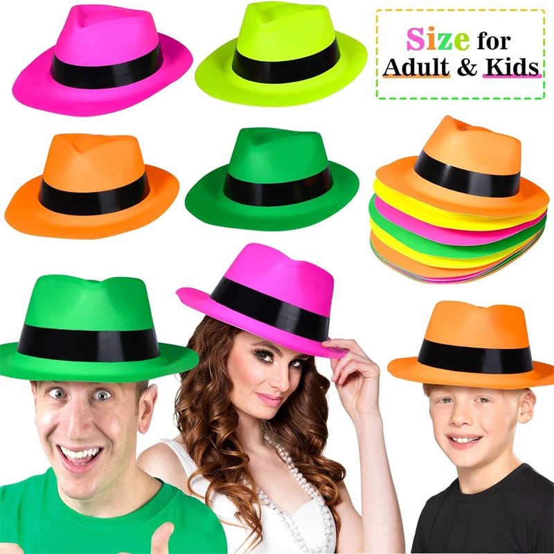Neon Mafia Style Gangster Fedora Dress Hats for Glow Halloween Party Women Girls Costume 80's Style Dressing up Party