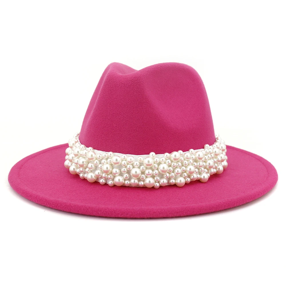 Solid Color Felt Fedora Wool Felt Hat With Pearl for Women MNDJS237