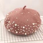 Berets-EA140 High Quality  Winter Warm Beret Cap With Pearl, Wholesale Solid Color Female Women Beaded Wool Hat - Image 11
