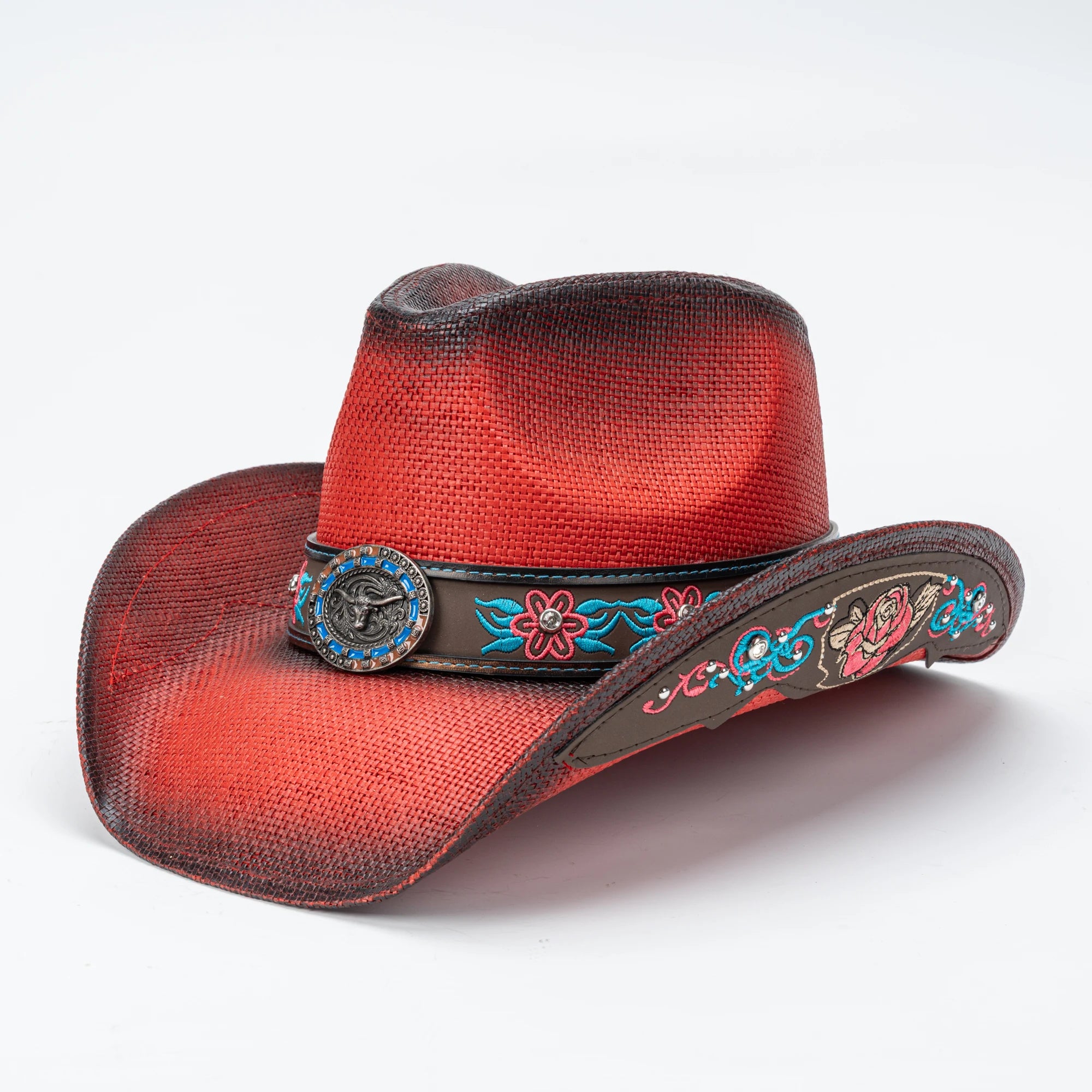H931124f7efa1427a805f1387d3115b99G Ombre Red Black Straw Cowboy Hat Floral Embroidery Leather Band Longhorn Concho Western Cowgirl Daily Party Outdoor Fishing - Image 1