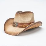 Brown Woven Straw Cowboy Hat Gold Scroll Floral Embroidery Horse Concho Paper Band Western Cowgirl Daily Party
