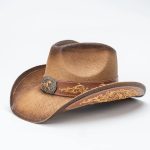 Brown Woven Straw Cowboy Hat Gold Scroll Floral Embroidery Horse Concho Paper Band Western Cowgirl Daily Party - Image 10