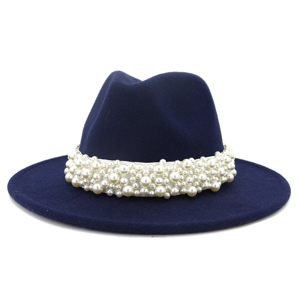 Solid Color Felt Fedora Wool Felt Hat With Pearl for Women MNDJS237