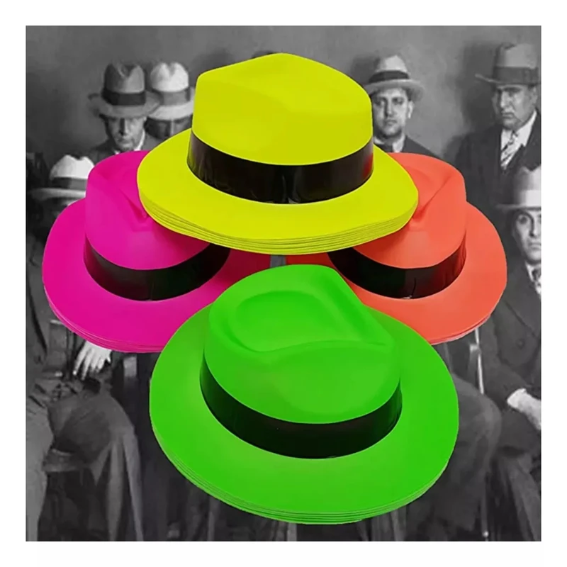 Neon Mafia Style Gangster Fedora Dress Hats for Glow Halloween Party Women Girls Costume 80's Style Dressing up Party
