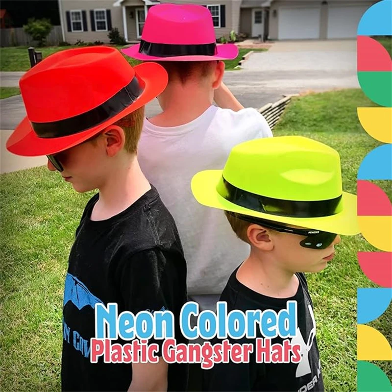 Neon Mafia Style Gangster Fedora Dress Hats for Glow Halloween Party Women Girls Costume 80's Style Dressing up Party