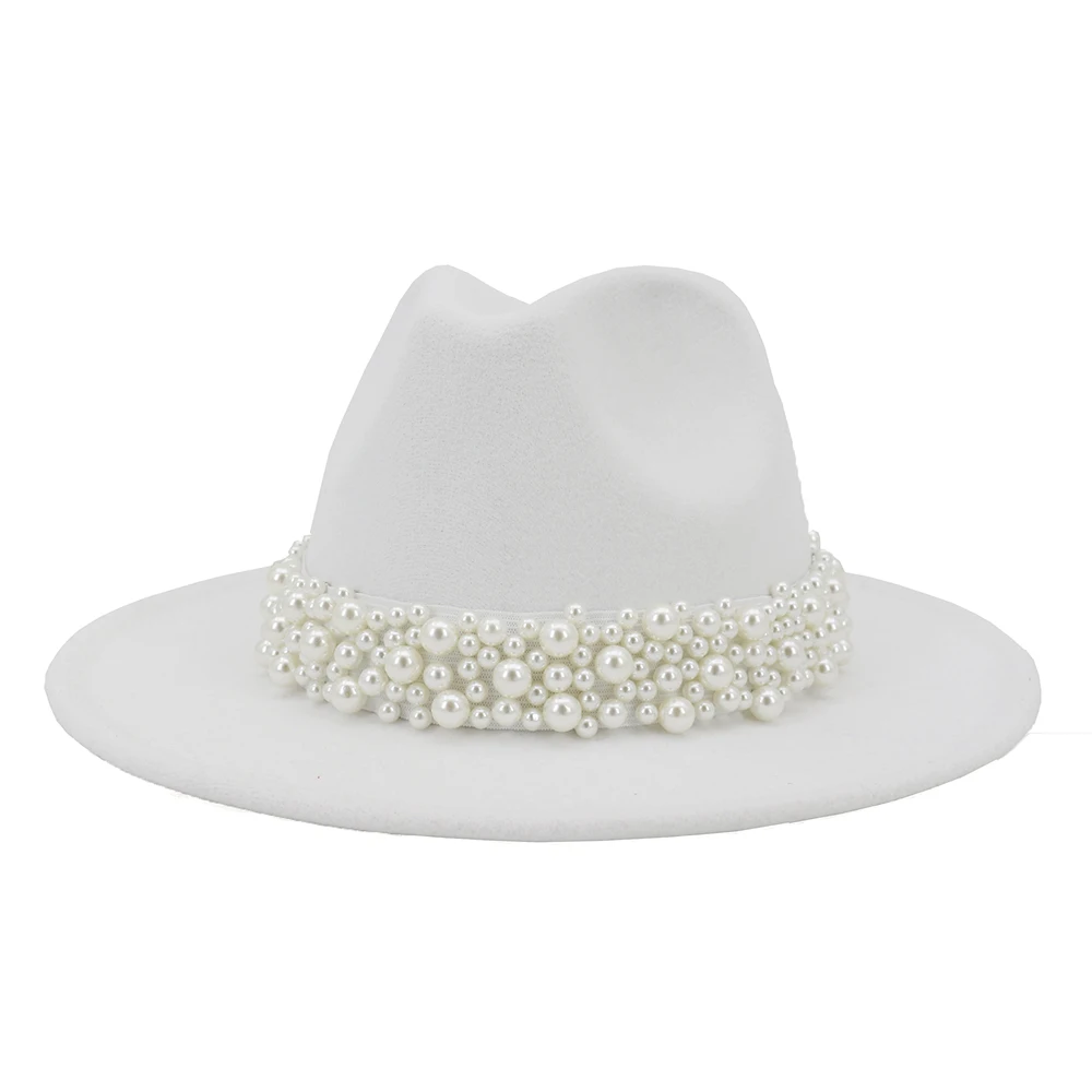 Solid Color Felt Fedora Wool Felt Hat With Pearl for Women MNDJS237