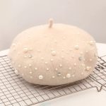 Berets-EA140 High Quality  Winter Warm Beret Cap With Pearl, Wholesale Solid Color Female Women Beaded Wool Hat - Image 8