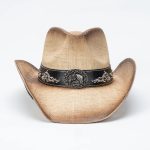 Retro Wide Brim Printed Floral Embroidered Black Straw Cowboy Hat with Horse Head Metal Buckle and Ribbon Trim - Image 3