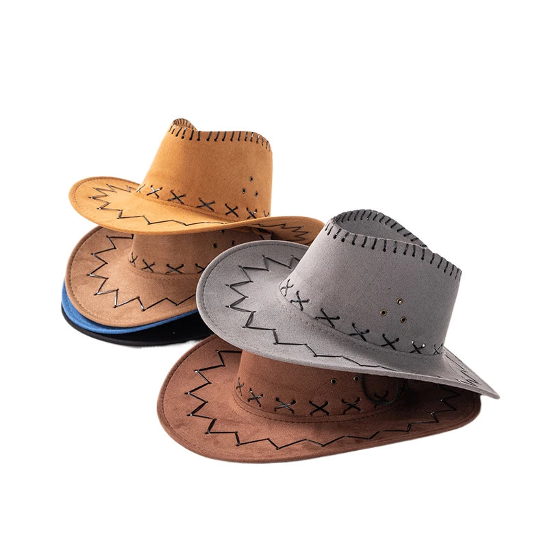 Hae3778b995d64ae2a86d06b9064416c1N-1 Faux Suede Cowboy Hat Leather Suedette Large Wide Brim Mexico Sombreros Travel Hiking Hunting Surf Hat Cap - Image 1