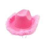 Faux Feather Brim Pink Cowboy Hat Western Cowboy Felt Cowgirl Hat for Halloween Christmas Party Cosplay Costume for Hot Girl