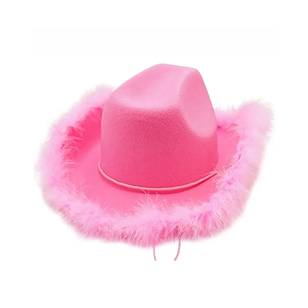 Hb3b992f00b594cf8bb66e6e8e9f2555aH-1 Faux Feather Brim Pink Cowboy Hat Western Cowboy Felt Cowgirl Hat for Halloween Christmas Party Cosplay Costume for Hot Girl - Image 1