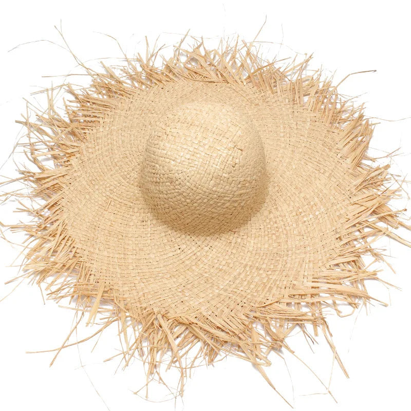 Hb6b30e2ae7074c389a3b16c643f425f2I Stock Women Raffia Straw Hat Large Wide Rough Brim Floppy Straw Hat Beach Summer Sun Visor Hat - Image 1
