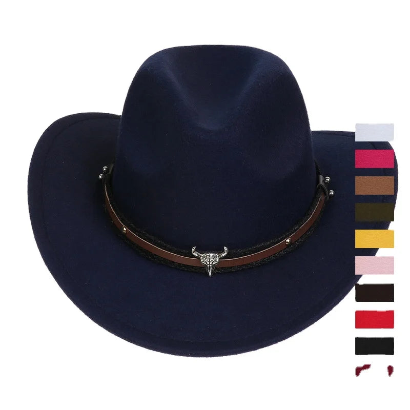 Hcfb26633a286450496a302075b7b38a7T Children's Felt Upturned Bristle Jazz Bull Head Accessory Solid Color Top Wide Brim Western Cowboy Hat - Image 1