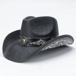 Retro Wide Brim Printed Floral Embroidered Black Straw Cowboy Hat with Horse Head Metal Buckle and Ribbon Trim
