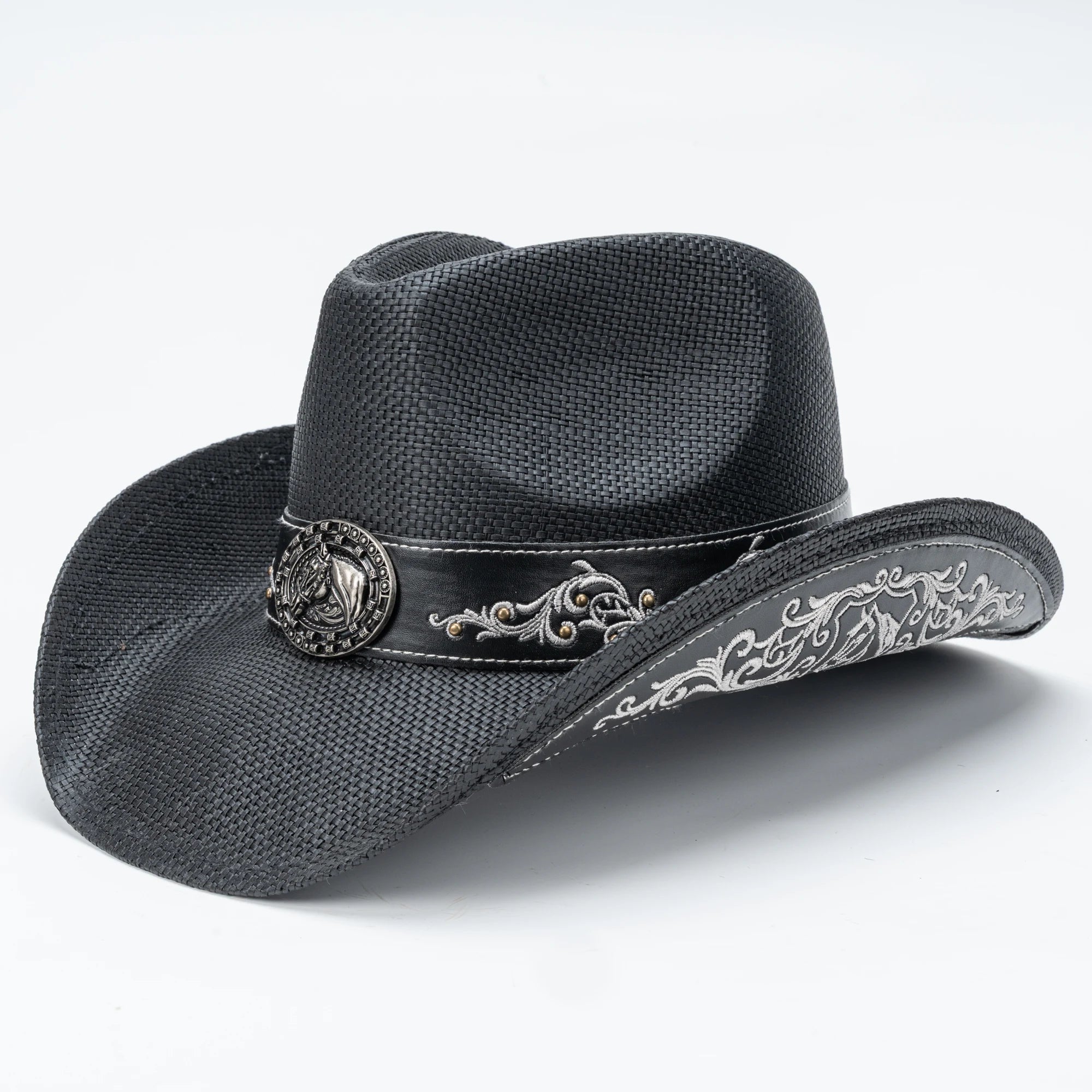 Hd0a9ef4729084e9b8ee460b26065696cP Retro Wide Brim Printed Floral Embroidered Black Straw Cowboy Hat with Horse Head Metal Buckle and Ribbon Trim - Image 1