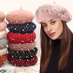 PLA-1005 Women Knitted Beaded Luxury Beret With Pearls Fashion Cashmere Warm French Hats - Image 2
