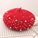 PLA-1005 Women Knitted Beaded Luxury Beret With Pearls Fashion Cashmere Warm French Hats - Image 3