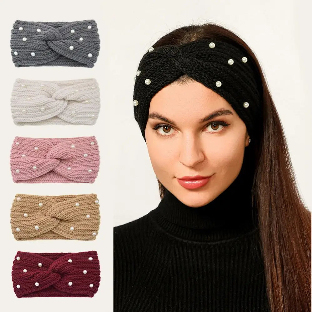 He71a5ef3856f45ce823fa7be08a6a79eT Fashion Pearls Knitted Headband Women Cross Knotted Bands Autumn Winter Ear Warmer Protectors Wide Turban Hair Accessories - Image 1